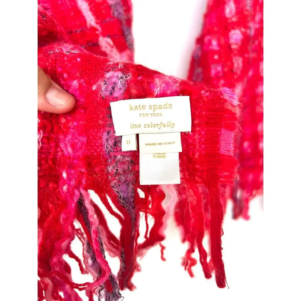 Kate Spade Live Colorfully Oversized Scarf Designer Knit Pink Fringe Wool Mohair